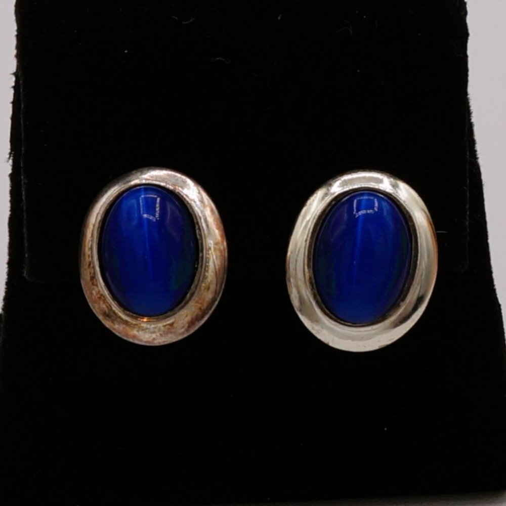 Vintage Blue Cats Eye Cabochon Sterling Silver Stud Earrings Signed